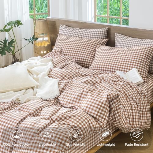 MooMee Gingham Duvet Cover Set 100% Washed Cotton Linen Like