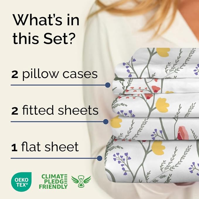 Floral Sheets - Boho Split King Bed Sheet Set - 1 Flat, 2 Fitted & 2 Pillowcases w/ Deep Pockets - Wrinkle & Fade Free - Boho Botanical Bedding - Soft, Breathable and Cooling - Split King Size Set