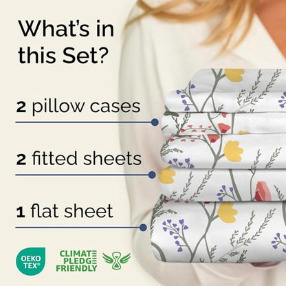 Floral Sheets - Boho Split King Bed Sheet Set - 1 Flat, 2 Fitted & 2 Pillowcases w/ Deep Pockets - Wrinkle & Fade Free - Boho Botanical Bedding - Soft, Breathable and Cooling - Split King Size Set