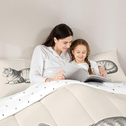 Erosebridal Cat Comforter Set Toddler Size Kitten 3D Quilt Insert for Kids Boys Girls Kawaii Sketch Animal Cute Beige White Comforter Warm Soft Bedding Set