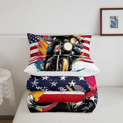 Feelyou Dirt Bike Comforter Set Queen Size American Flag Comforter Extreme Sports Bedding Set Racing Motocross Rider Duvet Set Room Decor White Quilt Set