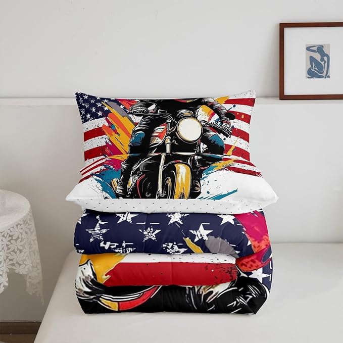 Feelyou Dirt Bike Comforter Set Toddler Size American Flag Comforter Extreme Sports Bedding Set Racing Motocross Rider Duvet Set Room Decor White Quilt Set