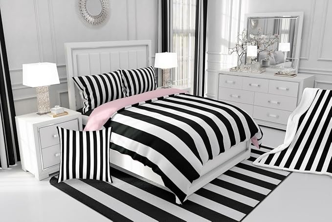 Erosebridal Black and White Striped Toddler Comforter Set (Pink Reversible) | Striped Bedding Set Pink and Black Comforter Sets for Kids Teens Adults Cute Pinstripe Girls Bed Quilt Sets