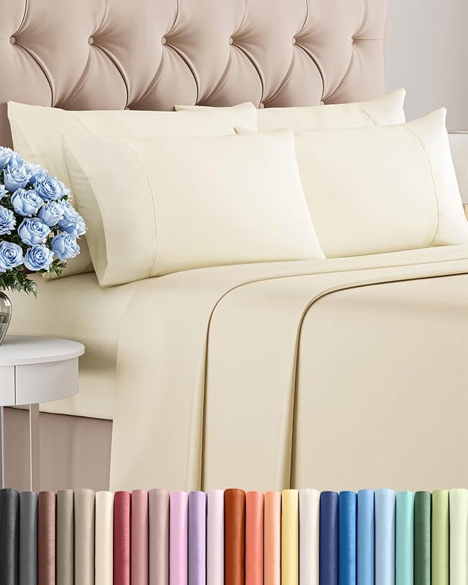 Cal King 6 Piece Sheet Set - Comfy Breathable & Cooling - Ultra Soft Hotel Luxury Bedding Set w/ 8-16 Inch Deep Pockets - 1 Flat & 1 Fitted Sheet & 4 Pillowcases - Wrinkle Free & Easy Care - Off White