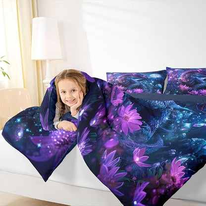 Feelyou Dragon Comforter Set All Season Dragon Stuff Bedding Set with 2 Pillow Cases Wild Life Kids Full Bedclothes Magic Wildlife Bedroom Decor Purple and Blue Duvet Quilt Breathable Soft