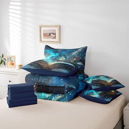 Flying Dragon Bed in a Bag Comforter Set,Magical Book Pattern Queen Size 7 Pieces for Kids Teens,Vintage Mid-Century Castle Bedding Set with Comforter, Sheet Set, Pillowcases, Pillow Covers