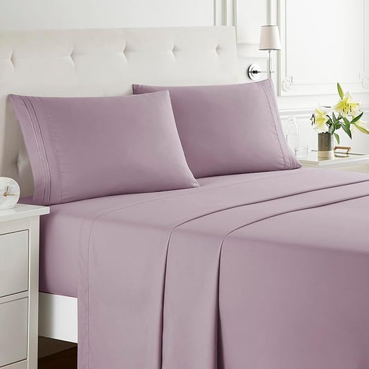 Clara Clark Bed Sheets, Premier 1800 Series Bed Sheet Set, Deep Pocket, Wrinkle, Fade, Stain Resistant, Luxury Soft Bedding Sheets & Pillowcases, California King, Dusty Purple