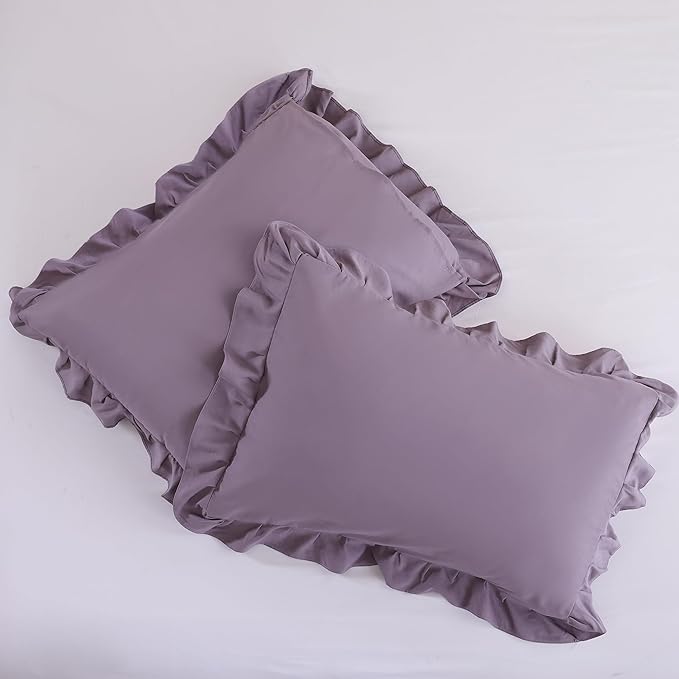 JANZAA King Size Comforter Set Grayish Purple Ruffle Comforter 3PCS Soft Fluffy Boho Comforter Vintage Farmhouse Bed Comforter Set Shabby Chic Bedding with 2 Pillowcases for All Season