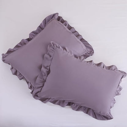 JANZAA Comforters Queen Size Grayish Purple Comforter Set Queen 3PCS(1 Ruffled Comforter Set and 2 Pillowcases) Shabby Chic Bedding Vintage Soft Fluffy Bed Set for All Season