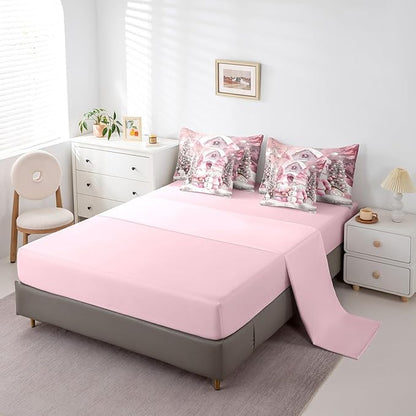 Christmas Farmhouse Twin Comforter Set with Sheets Bed in a Bag 7 Pcs,Romantic Christmas Trees Bed Set,Winter Cute Snowman Bedding Sets with Comforter,Flat,Fitted Sheet,Pillowcases,Pillow Covers