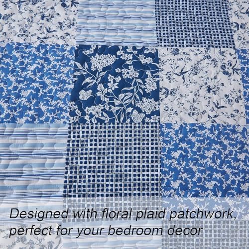 Mybedsoul Blue Quilt Set Twin Size Dorm Bedding, Patchwork Bedding Set