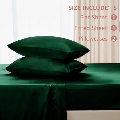 CozyLux Satin Sheets Queen Size Bed Set - 4 Piece Silky Queen Sheet Set, Luxury Dark Green Queen Sheets with Smooth and Soft Microfiber, Includes 1 Fitted Sheet, 1 Flat Sheet and 2 Pillowcases