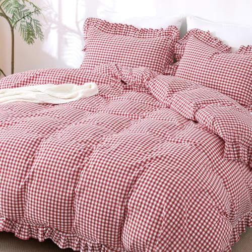 ATsense Red Gingham Ruffle Duvet Cover Set Cotton Like Linen, King