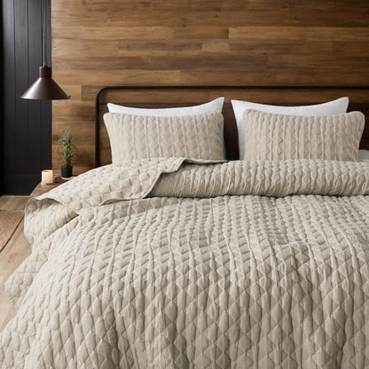 Beige Quilt Queen Size Bedding Sets with Pillow Shams, Lightweight Soft Bedspread Coverlet, Quilted Blanket Thin Comforter Bed Cover, All Season Summer Spring, Tan Cream, 3 Pieces, 90x90 inches