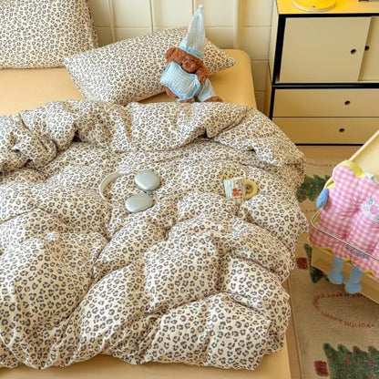 mixinni Muted Retro Leopard Print Duvet Cover Set Queen Size, 3PCS Cute Sexy Cheetah Bedding, 100% Cotton Double Gauze Soft Aesthetic Cream Vintage Bedding Set with 2 Pillowcases for Girls Women