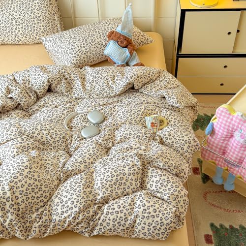 mixinni Muted Retro Leopard Print Duvet Cover Set Full Size, 3PCS Cute Sexy Cheetah Bedding, 100% Cotton Double Gauze Soft Aesthetic Cream Vintage Bedding Set with 2 Pillowcases for Girls Women