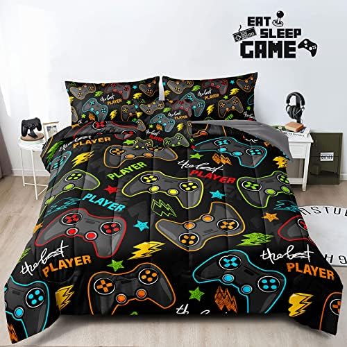 5 Pieces Gaming Bedding Set Twin Size for Boys Gamer Comforter Set for Boys Girls Kids Teens 5 Piece Bed in A Bag Video Game Bedding for Gamer Room Decorative Twin25