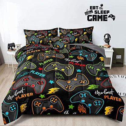 6 Pieces Gaming Bedding Set Full Size for Boys Gamer Comforter Set for Boys Girls Kids Teens 6 Piece Bed in A Bag Video Game Bedding for Gamer Room Decorative Full25