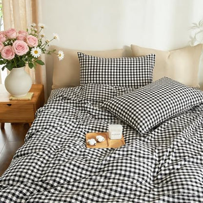 Gingham Duvet Cover Set 3 Piece 100% Washed Cotton Linen Feel Modern Plaid Checkered Bedding Comfy Breathable (Black/White Gingham, Queen)