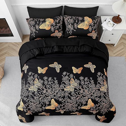 Yogeneg 7 Piece Bed in a Bag Full Size Comforter Set Black Bedding Set,Gold Butterfly Leaves Printed on Black Reversible Design,Soft Microfiber Comforter with Sheet Set,All Season(Butterfly,Full)