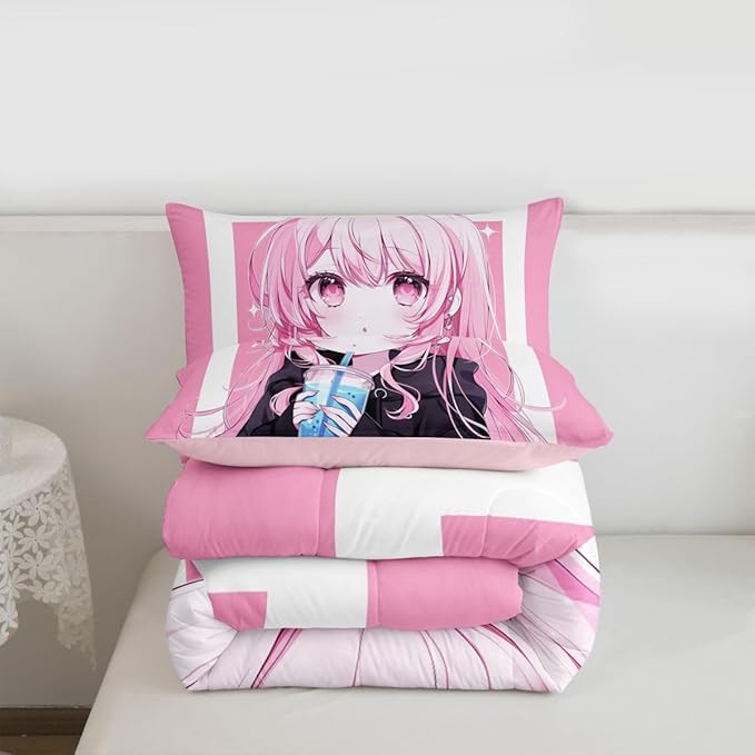 Erosebridal 3D Japanese Kids Comforter Set | Anime Girl Drinking Milk Tea Bedding Full Size Cute Kawaii Girly Down Comforter Modern Fashion Aesthetic Duvet Set for Bedroom