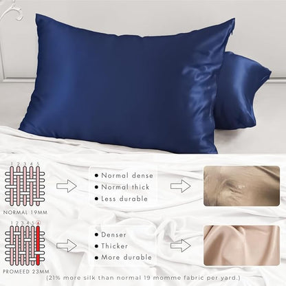 PROMEED 23 Momme Silk Pillowcases 2pcs Set, Mulberry Silk Pillow Case Set of 2, Ultra Soft Silk Pillowcase for Hair and Skin (Queen 20"x30", Navy)