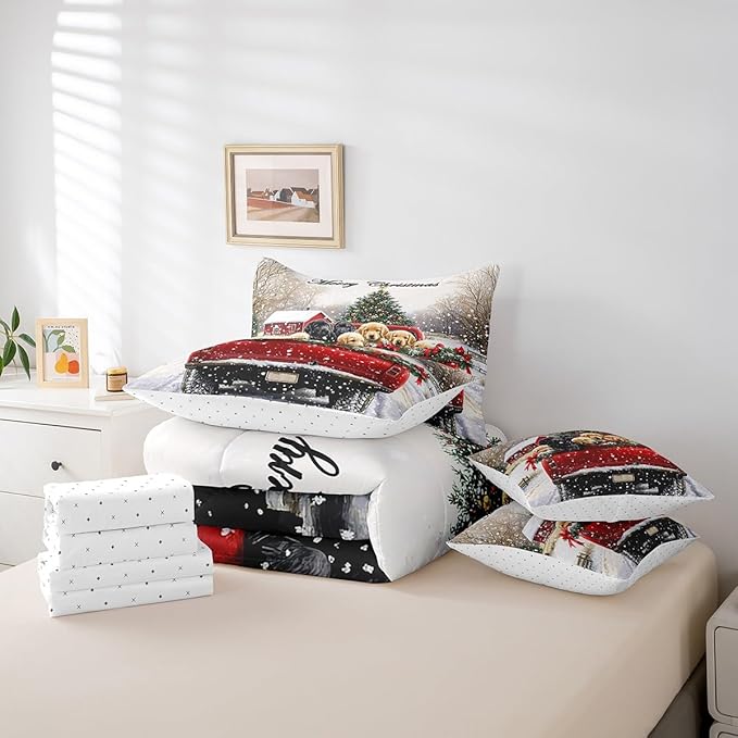 Farmhouse Christmas Dog Comforter Set 7 Pieces,Red Christmas Trees Truck Bed Set,Rustic Style Bedding Bed in a Bag,King (1 Comforter,2 Pillowcase,2 Pillow Covers,1 Flat Sheet,1 Fitted Sheet)