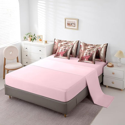 jejeloiu Cute Cat Bedding Set 7Pcs Queen Size Kids Kawaii Kitten Comforter Set with Sheets for Boys Girls Pink Bed in a Bag Soft Lightweight,Microfiber