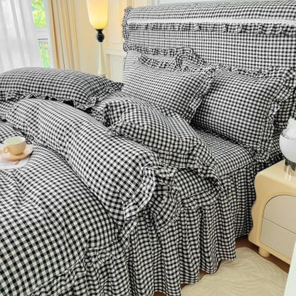 LifeTB Black Gingham Comforter Set King Ruffle Checkered Plaid Comforter Set 3 Pieces Boho Grid Bed Comforter with 2 Pillowcases Fluffy Soft Vintage Checkered Lightweight Gingham Bedding Set King