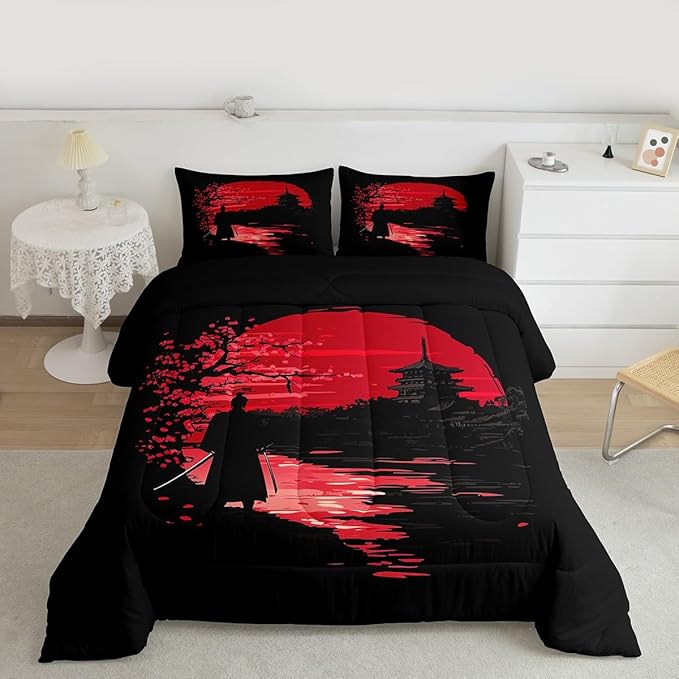 Erosebridal Samurai Comforter Set, Sunset Bedding Set, Japanese Samurai Warm Soft Down Comforter, Scenery Silhouette Bedroom Decor 3Pcs Duvet Set for Men Boys Teens, Queen Size