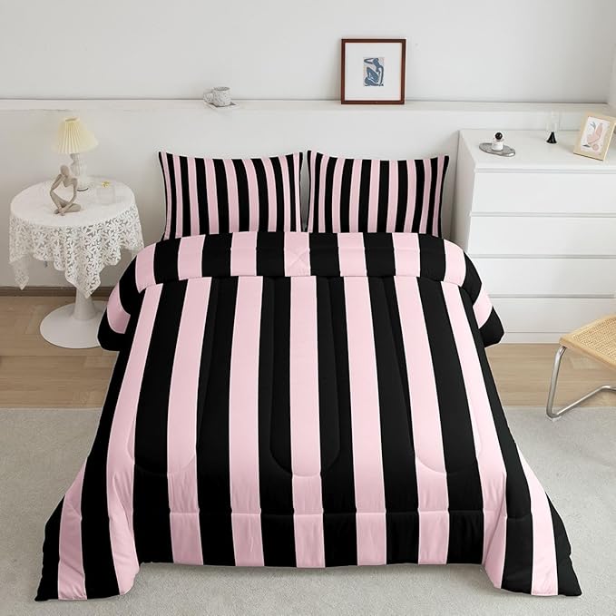 Erosebridal Pink and Black Striped Comforter Set King Size Simple Vertical Stripes Bedding Set Cute Retro Vintage Stripe Bed Collections Modern Abstract Minimalist Aesthetic Duvet Insert