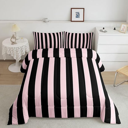 Erosebridal Pink and Black Striped Comforter Set King Size Simple Vertical Stripes Bedding Set Cute Retro Vintage Stripe Bed Collections Modern Abstract Minimalist Aesthetic Duvet Insert