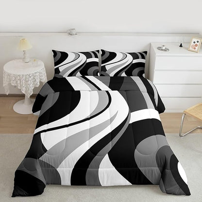 Gray Black White Spiral Toddler Comforter for Adult Women Men Modern Swirls Stripes Abstract Bedding Set for Minimalists Boho Aesthetic Geometric Bed Sets Graffiti Art Lines Quilt Sets