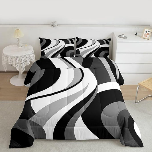 Gray Black White Spiral Twin Comforter Set for Adult Women Men Modern Swirls Stripes Abstract Bedding Set for Minimalists Boho Aesthetic Geometric Bed Sets Graffiti Art Lines Quilt Sets