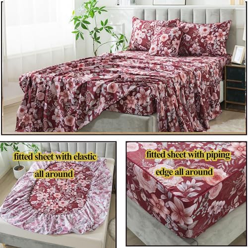 FADFAY Floral Sheets Set Twin XL Vintage Red Floral Bedding Shabby Pink Rose Elegant Peony Sheets Farmhouse Bedding 800 Thread Count 100% Egyptian Cotton Deep Pocket Fitted Sheet 4Pcs, Twin XL Size
