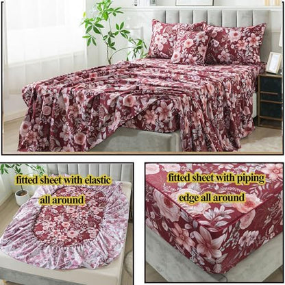 FADFAY Floral Sheets Set Twin XL Vintage Red Floral Bedding Shabby Pink Rose Elegant Peony Sheets Farmhouse Bedding 800 Thread Count 100% Egyptian Cotton Deep Pocket Fitted Sheet 4Pcs, Twin XL Size