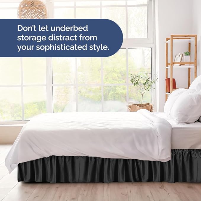 Wrap Around Dust Ruffle Bed Skirt - Black - for Full Size Beds with 15 Inch Drop - Easy Fit Elastic Strap - Adjustable Pleated Bedskirt w/Brushed Fabric - Wrinkle Free - for Women, Men, Kids & Teens