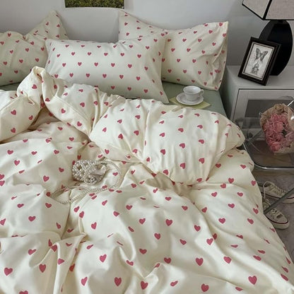 Nayoroom Heart Duvet Cover Full Size Kawaii Pink Heart Printed on Cream White Bedding Set 3Pcs Kids Girls Cute Heart-Shaped Pattern Comforter Cover with Zipper Closure Soft Breathable Microfiber