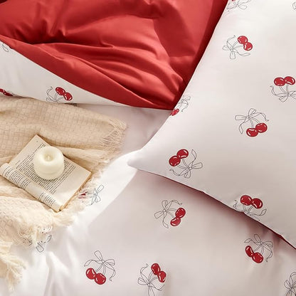 White Comforter Set Full Size - Red Cherry Quilt Bedding Set 3 Pieces, Comforter Set Full, Soft & Lightweight Comforter(79‘’ x 90‘’) for Girl All Season & 2 Pillowcases(30‘’x20‘’)