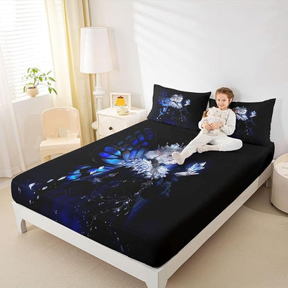 Erosebridal Gothic Girls Fitted Sheet for Boys Girls Kids A Girl Wearing A Crown Full Bed Sheets,Butterfly Diamond Feather Print Sheets Coquette Princess Bedding Sets, No Top Sheet