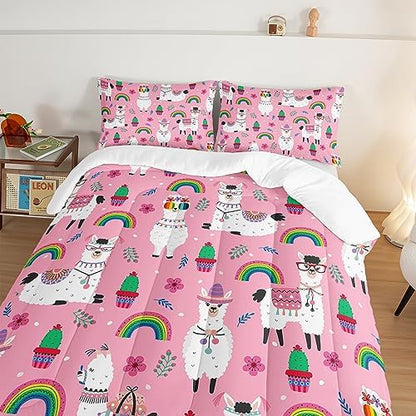 HOSIMA Kids Girls Pink Comforter with 2 Pillowcases,Cute Llama Alpaca Bed in a Bag Queen Comforter Set Animal Bedding Sets for Room Decor,Rainbow Cactus Flower Toddler Comforter Kawaii Bedding.