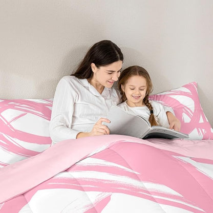 Erosebridal Pink and White Striped King Bedding Set for Kids Teens Adults, Geometric Striped Comforter Set for Minimalists,Graffiti Aesthetic Lines Duvet Insert,Contemporary Boho Modern Art Quilt