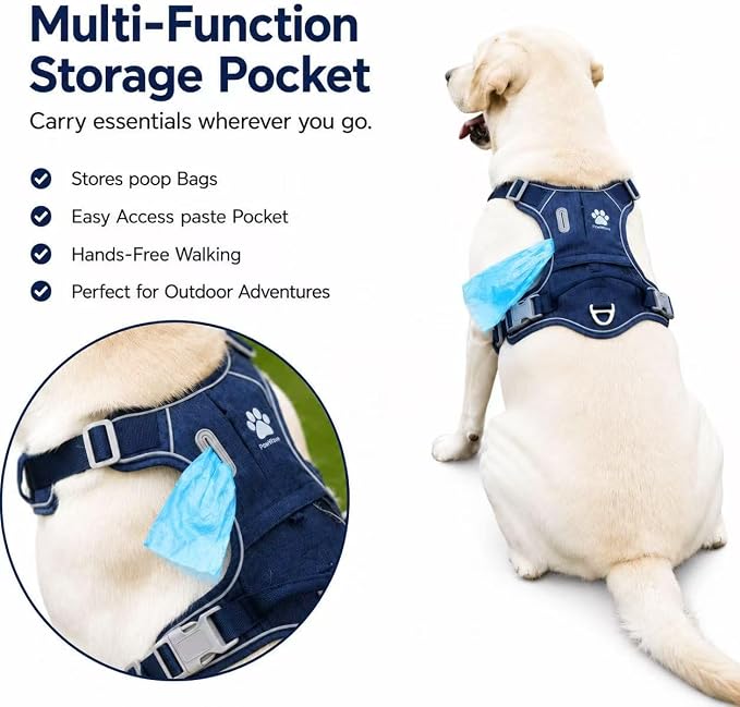 No Pull Dog Harness with Hidden AirTag Holder, Reflective Adjustable Vest Harness, Easy On-Off Design, Soft Breathable Mesh for Small Medium Large Dogs (Navy Blue, XL)