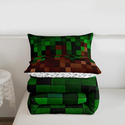 Manfei Pixelated Girls Bedding Set Twin Size,Patchwork Grid Video Games Comforter Set,Miners Lattice Simple Quilt Comforter Girls Boys Teens,Dark Green Brown Room Decor All Season,1 Pillowcase