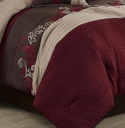Chezmoi Collection Napa 7-Piece Luxury Leaves Scroll Embroidery Bedding Comforter Set (Oversized King, Burgundy/Taupe/Brown)