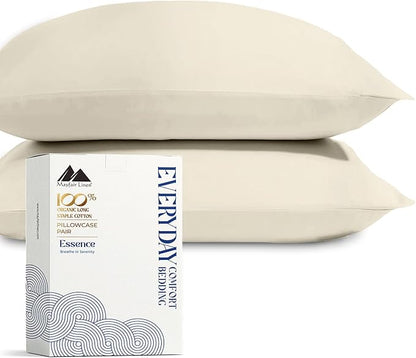 Mayfair Linen 100% Organic Cotton King Size Pillow Cases Set of 2 - Soft Hotel Quality Covers for King Size Pillows (Ivory), Authentic GOTS Certified, Crisp, Cooling Percale Weave Cotton Pillowcases
