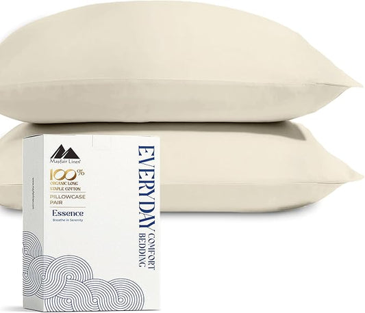 Mayfair Linen 100% Organic Cotton King Size Pillow Cases Set of 2 - Soft Hotel Quality Covers for King Size Pillows (Ivory), Authentic GOTS Certified, Crisp, Cooling Percale Weave Cotton Pillowcases