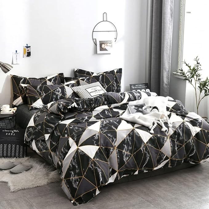 CLOTHKNOW Black White California King Comforter Set Marble Triangle Bedding Comforter Sets Geometric Comforter with 2 x Pillow Cases