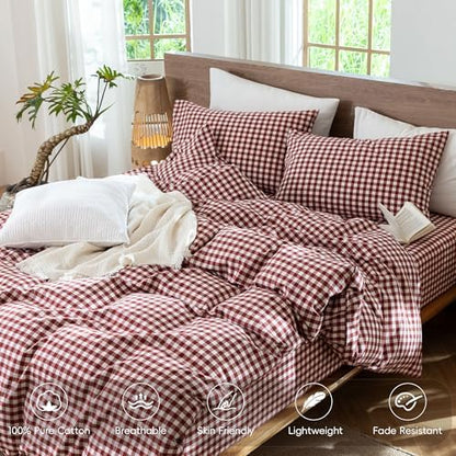 MooMee Gingham Duvet Cover Set 100% Washed Cotton Linen Like
