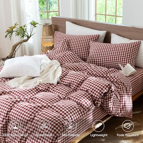 MooMee Gingham Duvet Cover Set 100% Washed Cotton Linen Like
